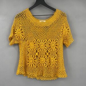 Vintage Dressbarn Yellow Golden Crochet Flower Short Sleeve Top XL Y2K Fairy